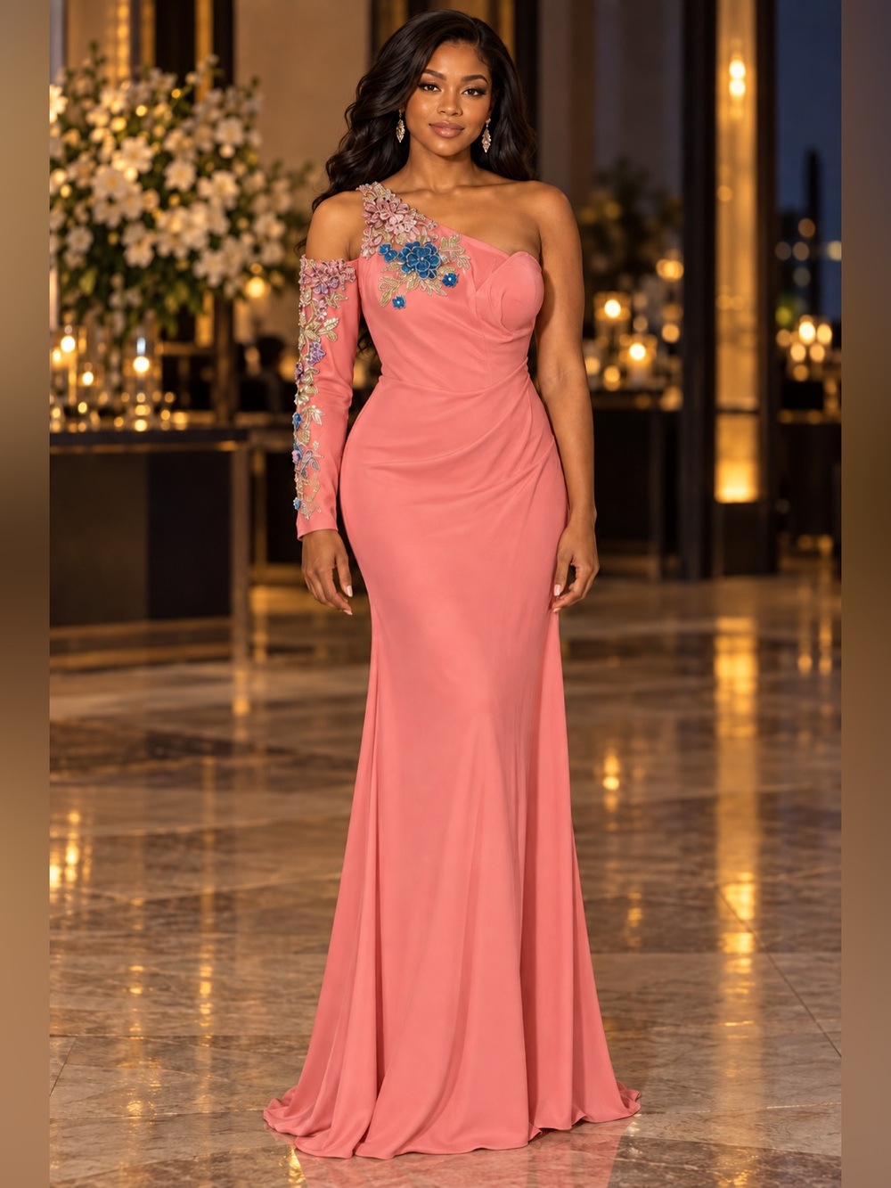Ieena Mac Duggal 2204 Gown 0 Pink Floral Beaded One Shoulder Long Sleeve NWT